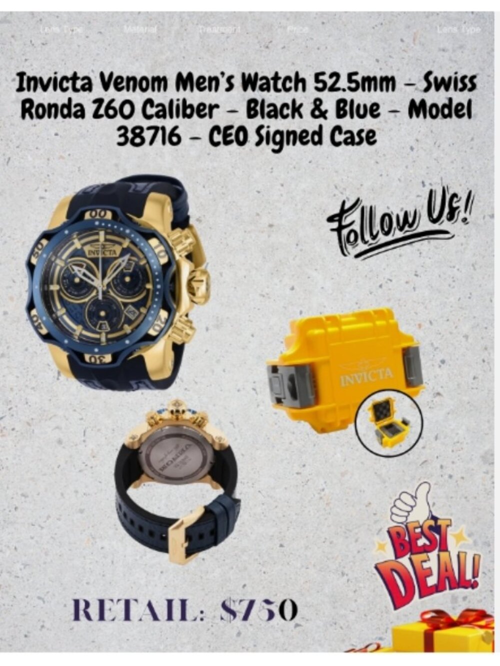 Invicta Venom Swiss Ronda Z60 Caliber Men's Watch 52.5mm Black Blue 38716 $750
